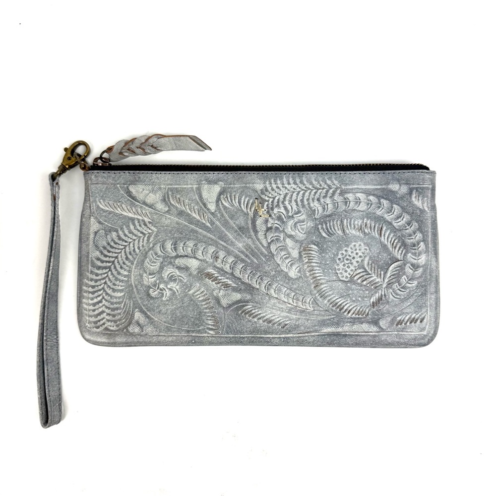 Leaders In Leather‎ Wristlet Handmade Tooled Gray Brown Clutch Brand New
